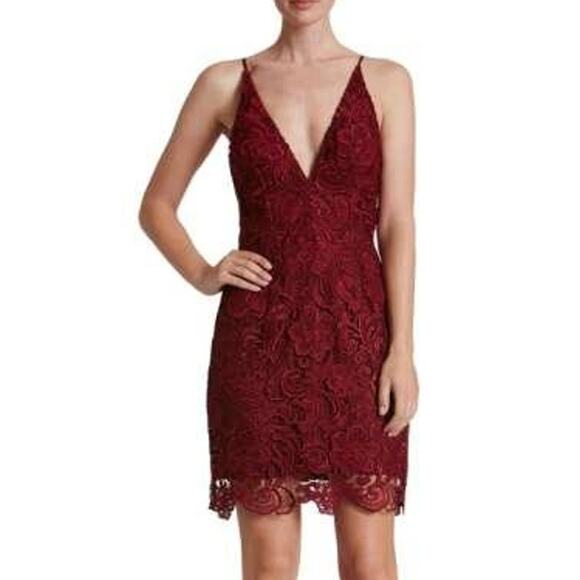 Dress The Population Ava Crochet Lace Plunge Mini Dress S‎ Maroon Berry Red - Picture 1 of 8